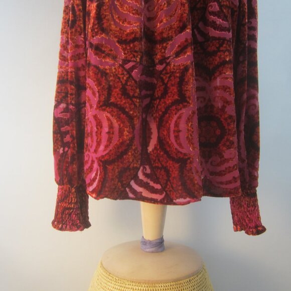 Anthropologie Women Large Red Pink Velvet Faux Wrap Full Sleeve Gathered Shirt - Picture 11 of 13